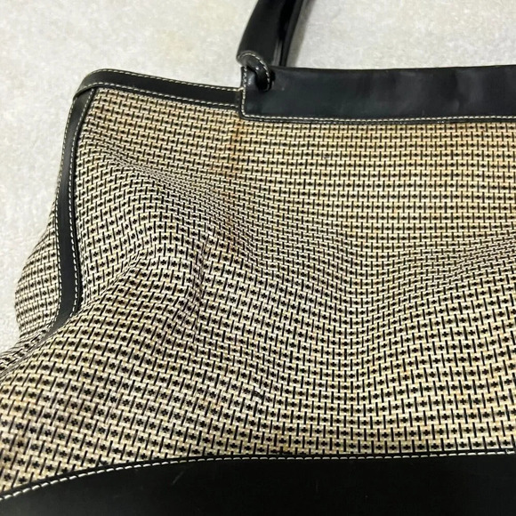 Tusk Womens Beige Black Shoulder Tote Bag Natural Woven Double Handle Large - Picture 4 of 14
